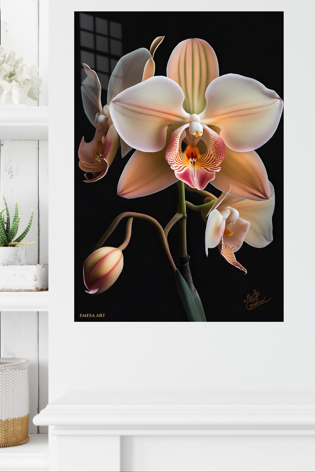 Blush Orchid Bloom metal wall art displayed in a modern interior