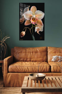 Blush Orchid Bloom metal wall art displayed in a contemporary living space