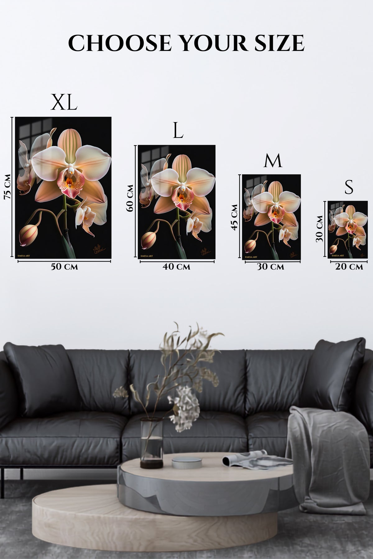 EMESA metal wall art size comparison guide for Blush Orchid Bloom