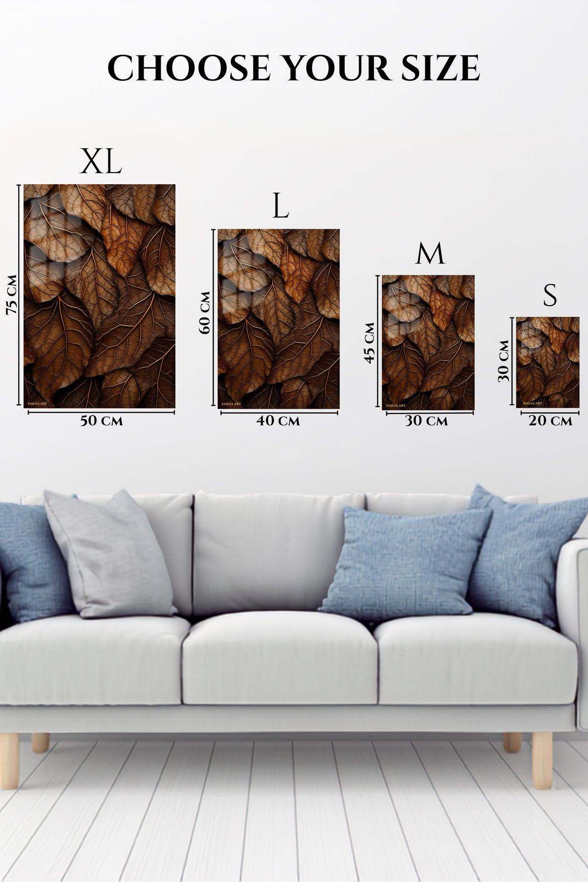 EMESA metal wall art size comparison guide for Autumn Leaf Veins