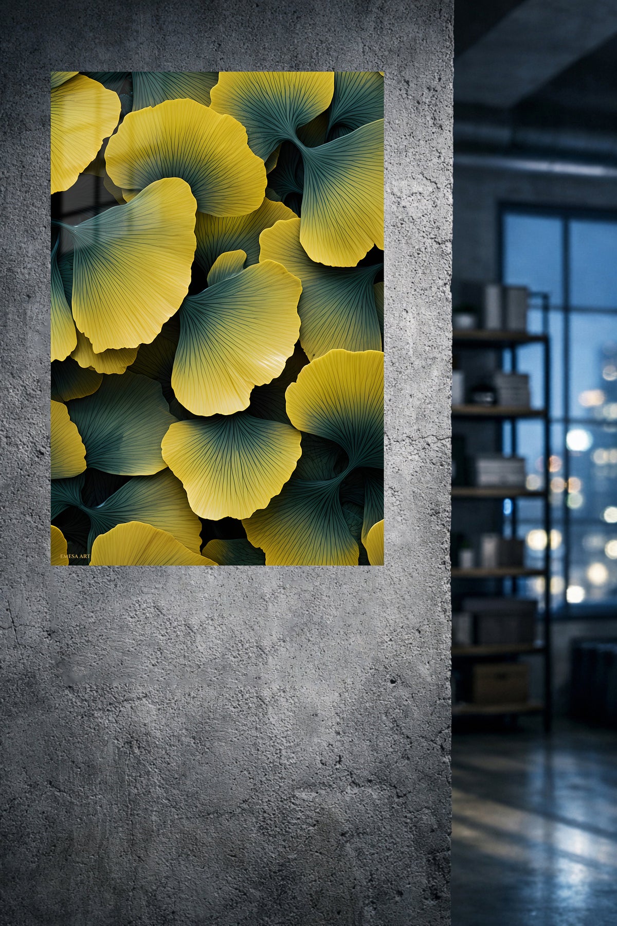 Golden Ginkgo Canopy metal wall art displayed in a modern interior