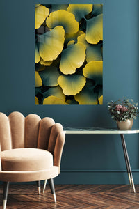 Golden Ginkgo Canopy metal wall art displayed in a contemporary living space
