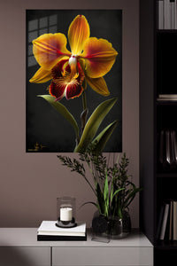 Golden Orchid on Black metal wall art displayed in a modern interior