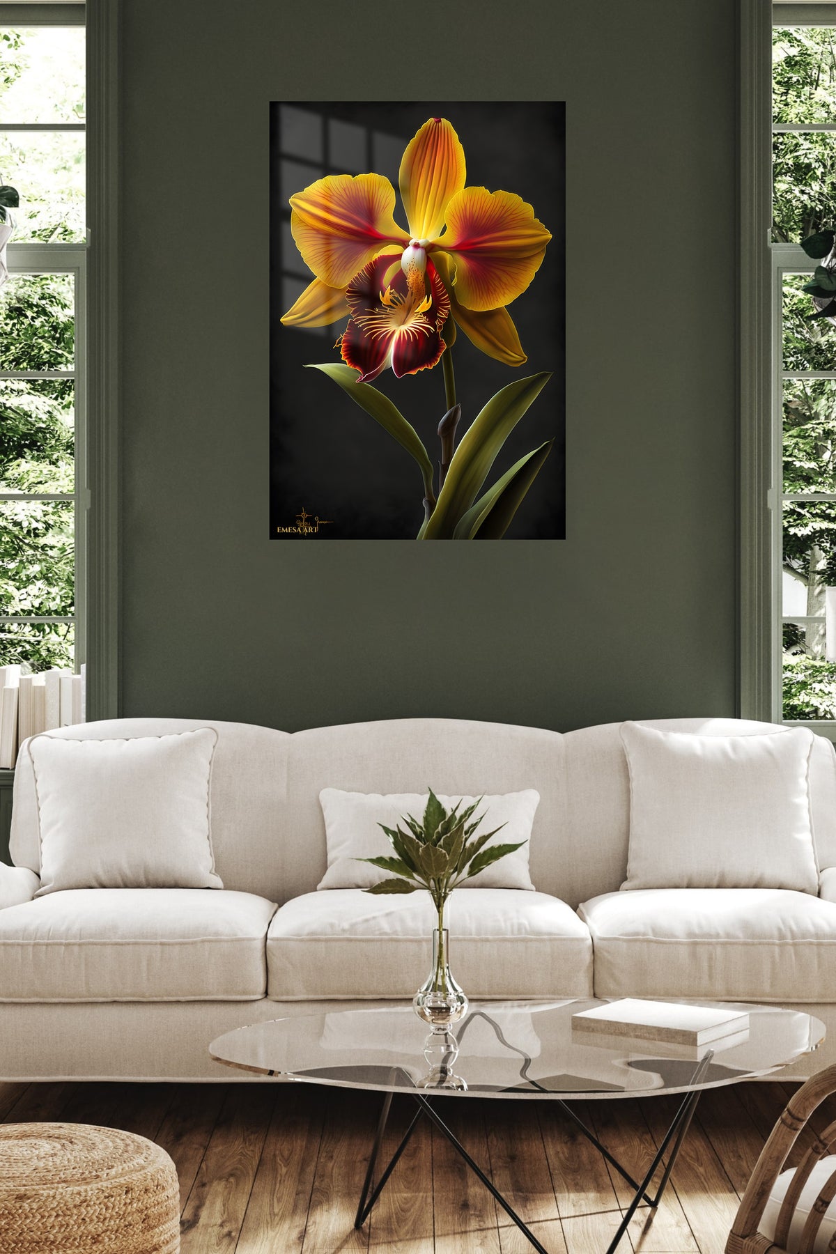 Golden Orchid on Black metal wall art displayed in a contemporary living space