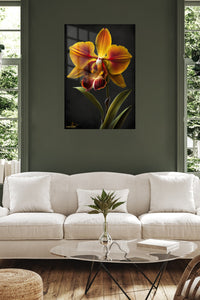 Golden Orchid on Black metal wall art displayed in a contemporary living space