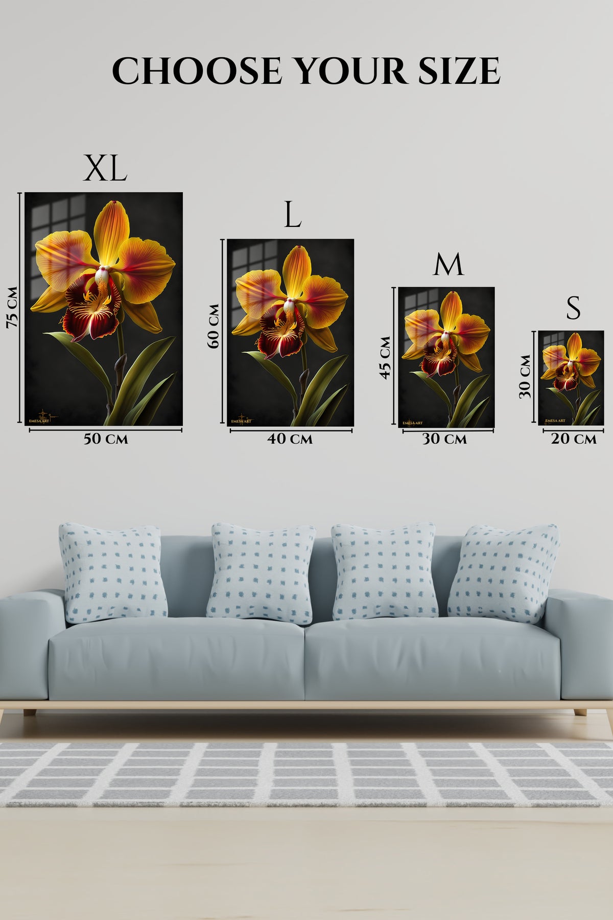 EMESA metal wall art size comparison guide for Golden Orchid on Black