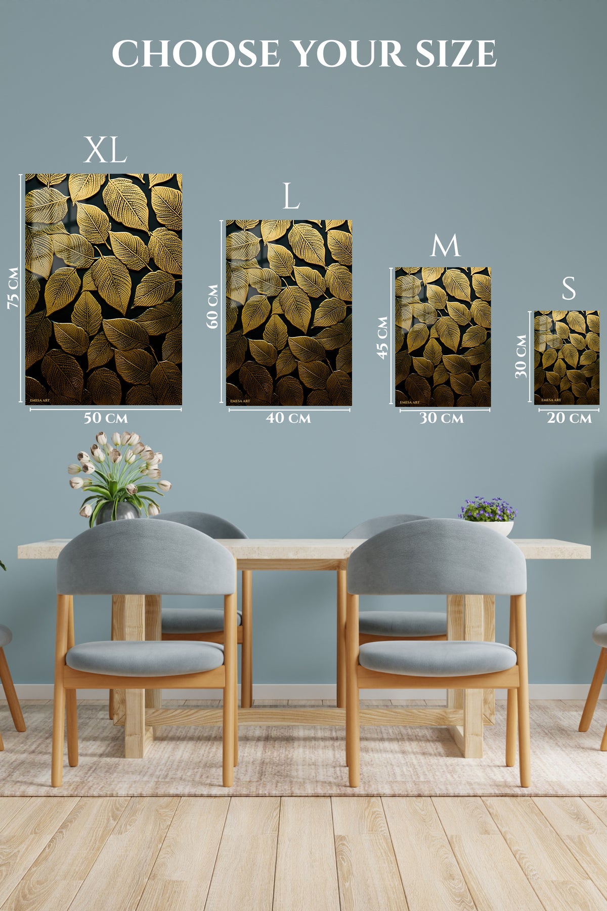 EMESA metal wall art size comparison guide for Gilded Leaf Pattern