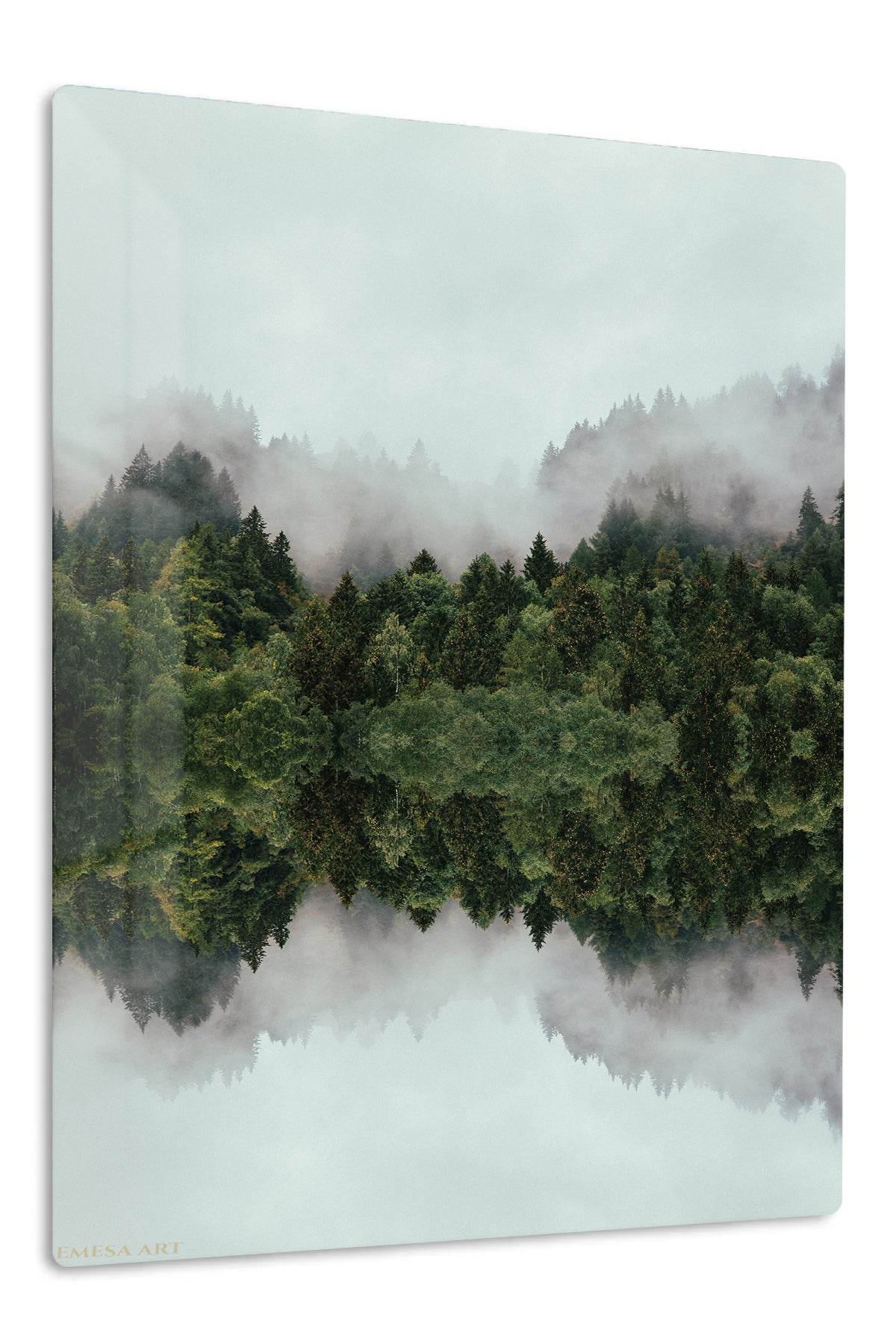 Misty Evergreen Reflection premium metal wall art – front view