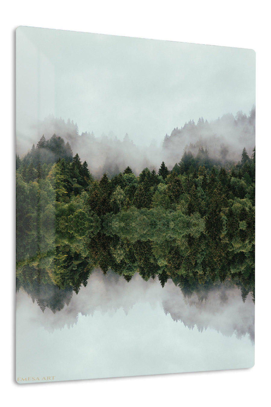 Misty Evergreen Reflection premium metal wall art – front view