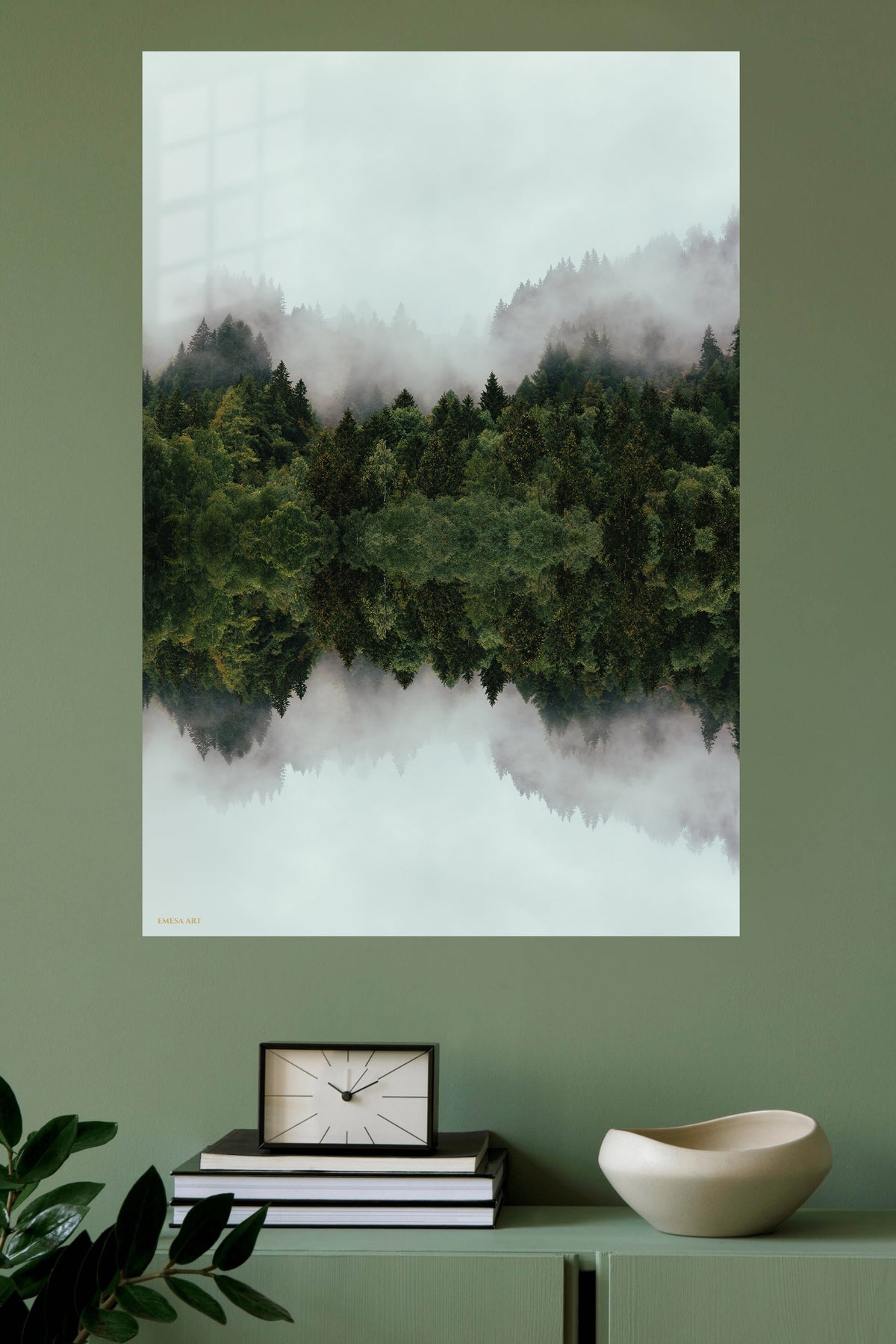 Misty Evergreen Reflection metal wall art displayed in a modern interior
