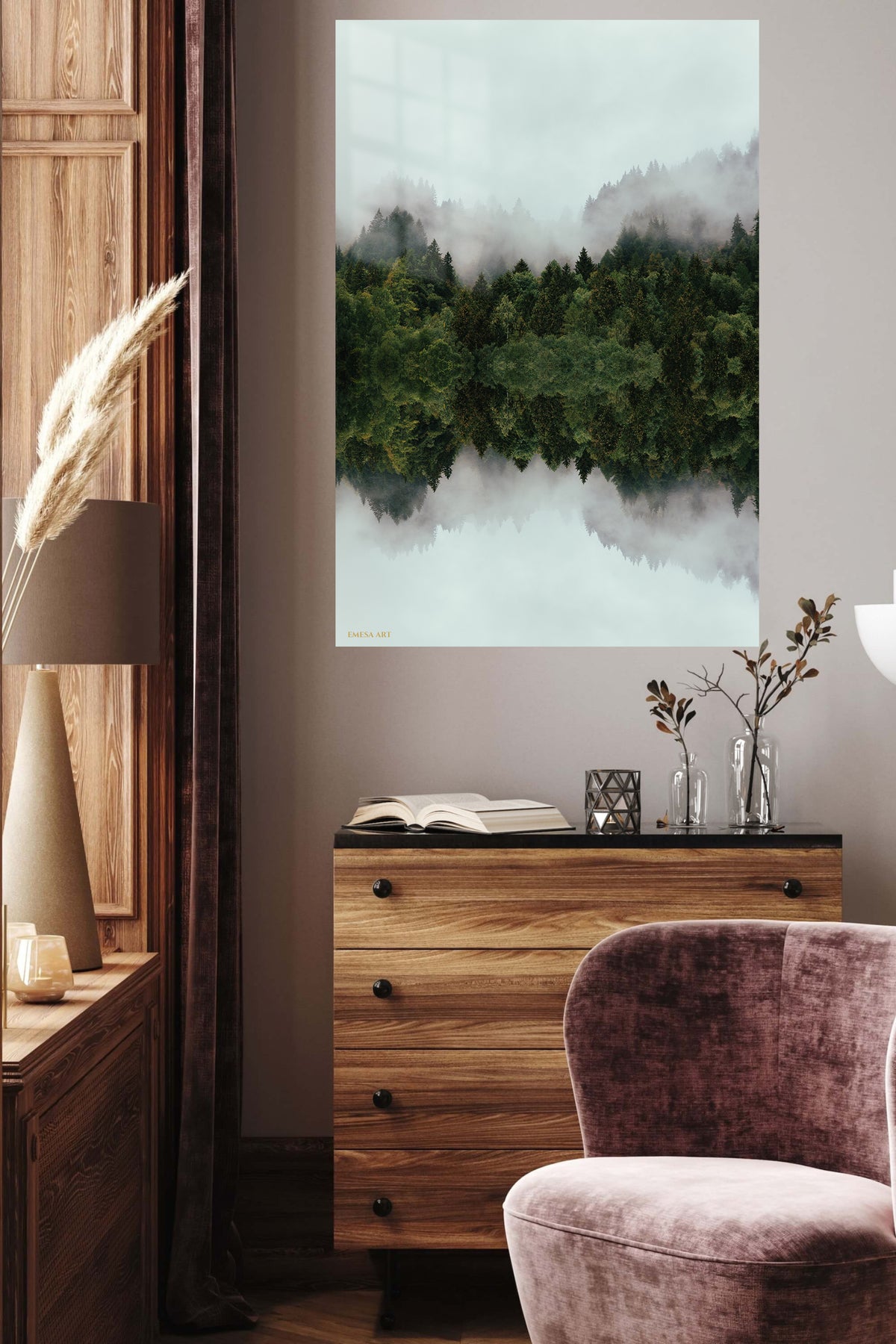 Misty Evergreen Reflection metal wall art displayed in a contemporary living space