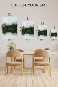 EMESA metal wall art size comparison guide for Misty Evergreen Reflection
