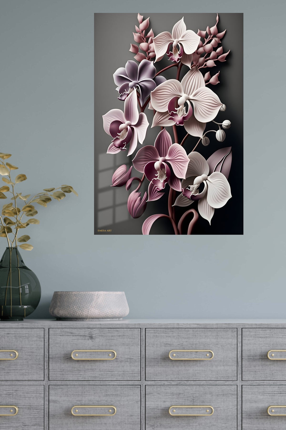 Midnight Orchid Cascade metal wall art displayed in a modern interior