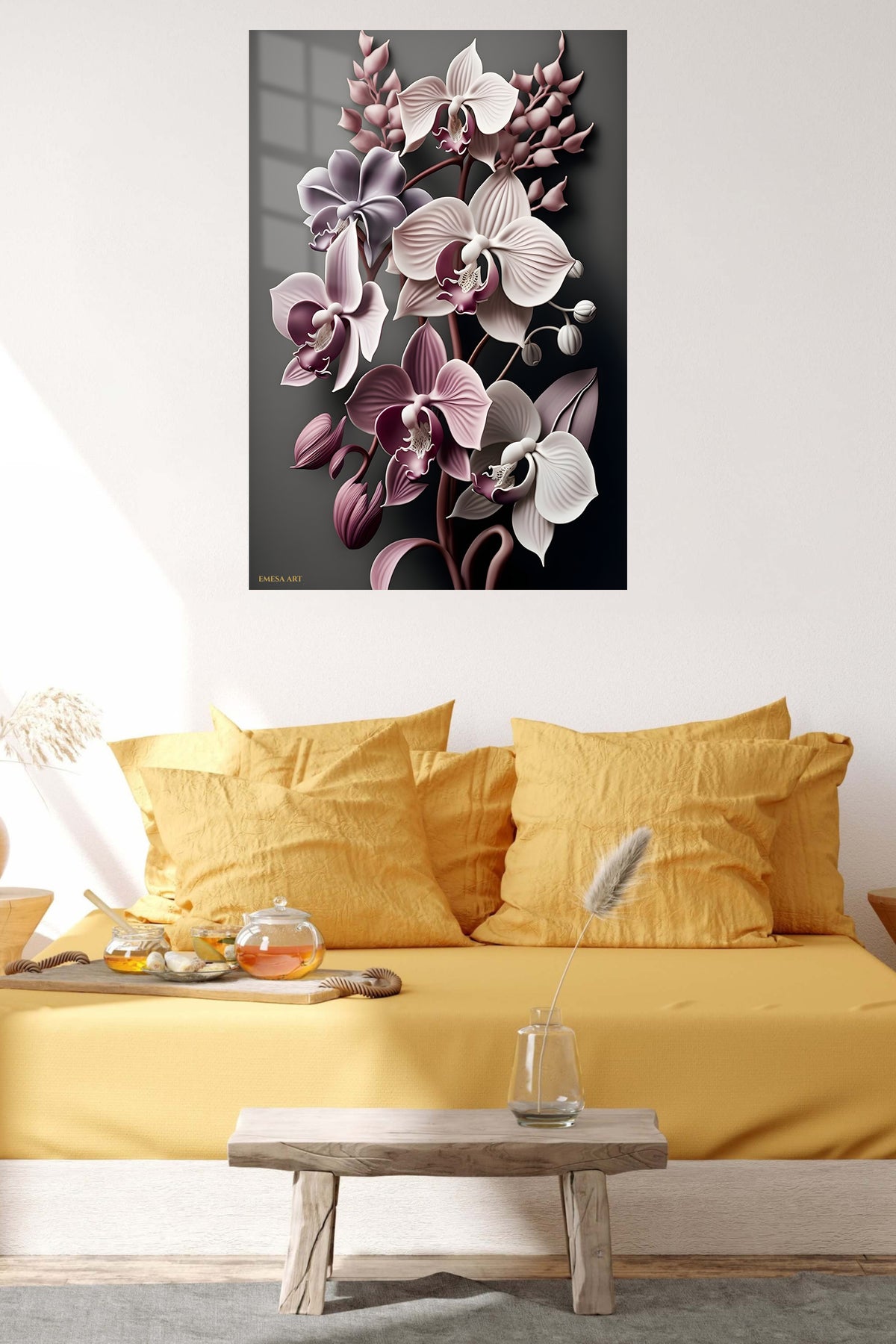 Midnight Orchid Cascade metal wall art displayed in a contemporary living space