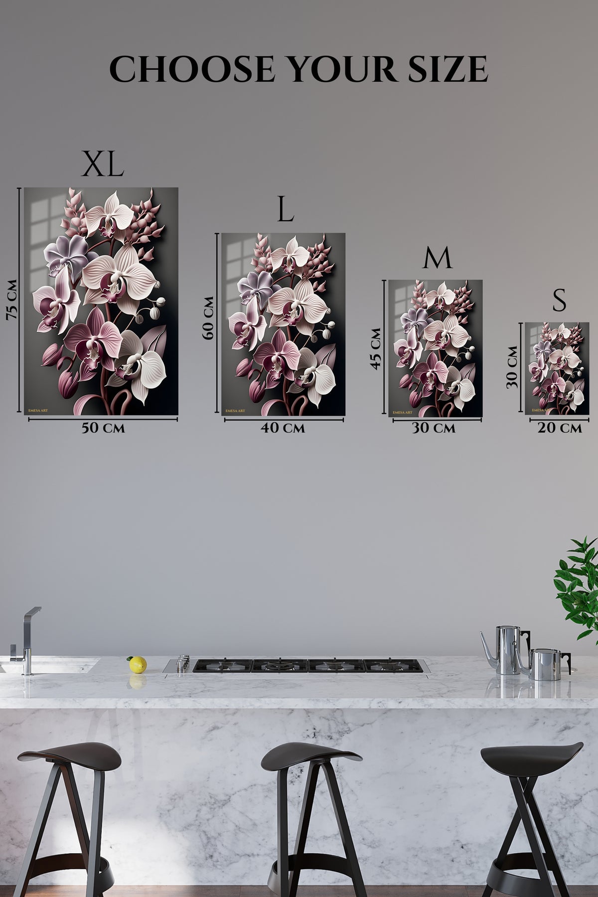EMESA metal wall art size comparison guide for Midnight Orchid Cascade