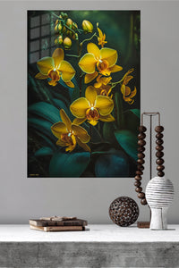 Golden Orchids in Shadow metal wall art displayed in a modern interior