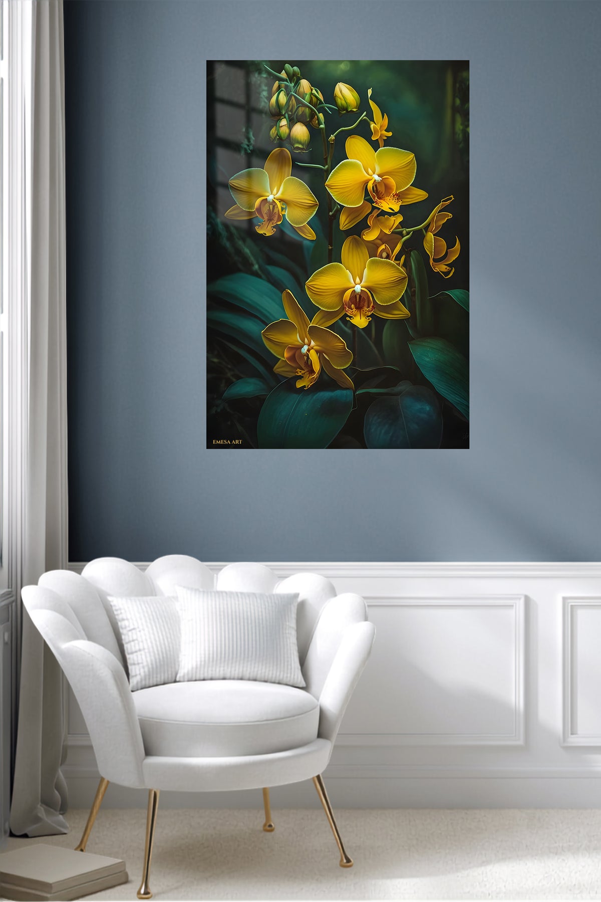 Golden Orchids in Shadow metal wall art displayed in a contemporary living space