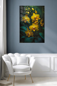 Golden Orchids in Shadow metal wall art displayed in a contemporary living space
