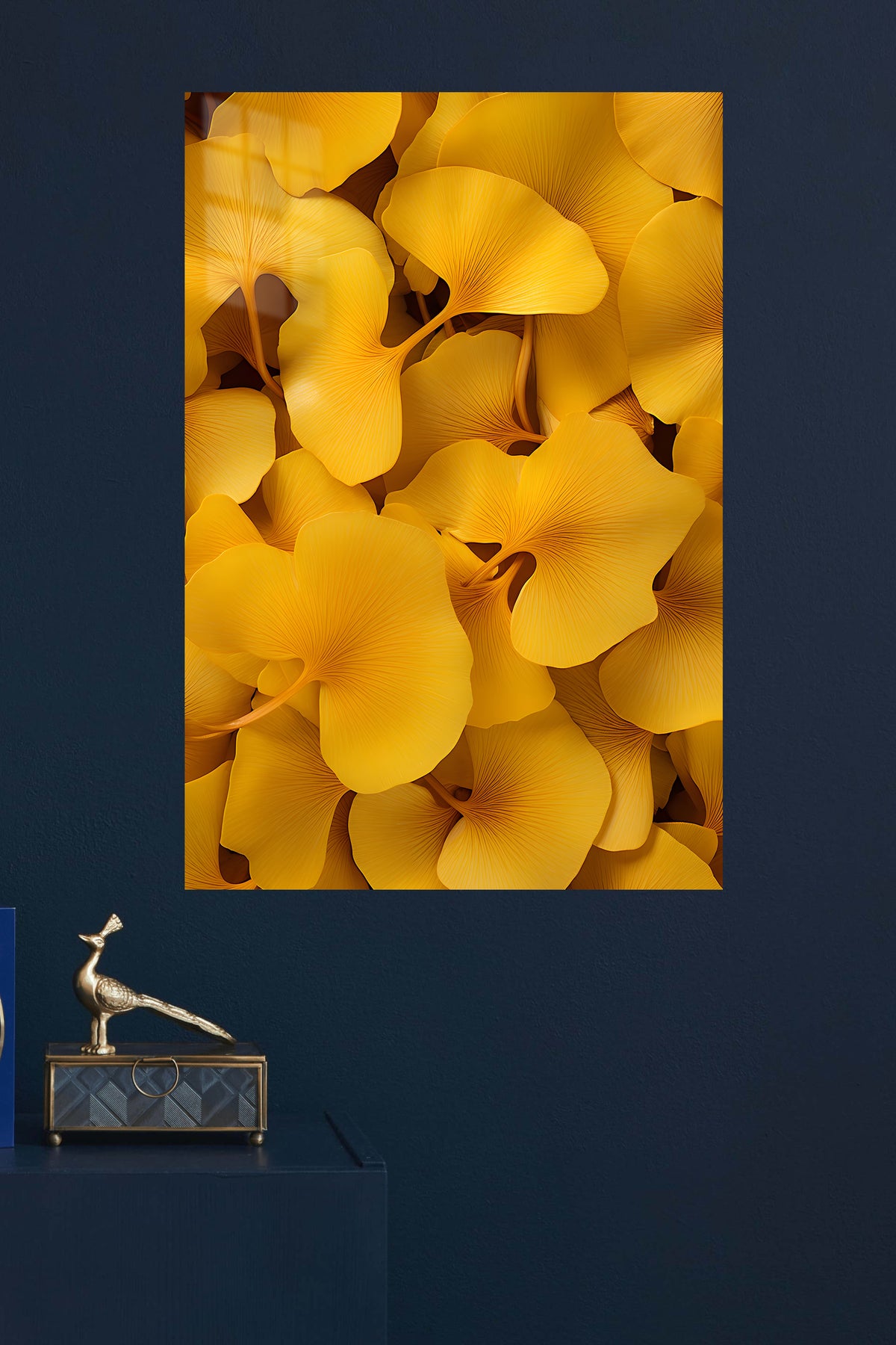 Golden Ginkgo Leaf Canopy metal wall art displayed in a modern interior