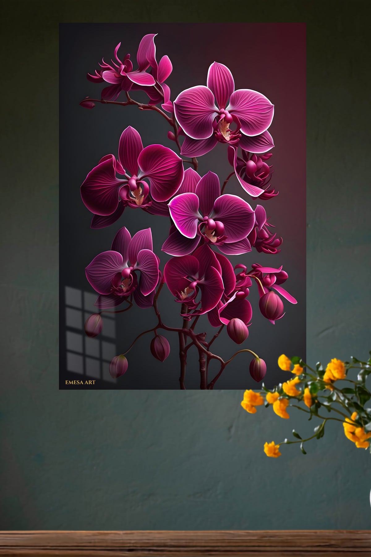 Velvet Magenta Orchids metal wall art displayed in a modern interior