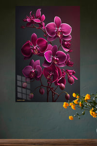 Velvet Magenta Orchids metal wall art displayed in a modern interior