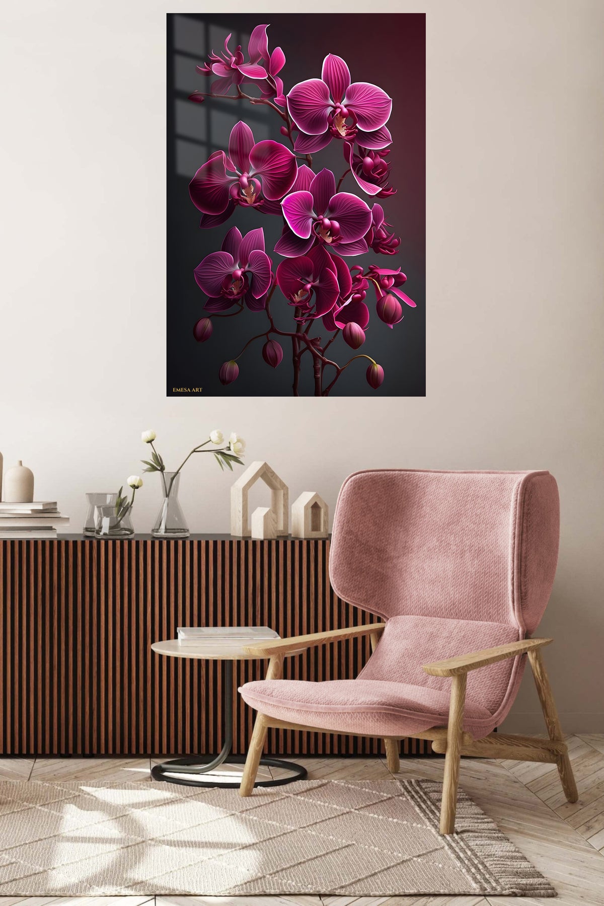 Velvet Magenta Orchids metal wall art displayed in a contemporary living space