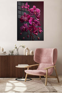 Velvet Magenta Orchids metal wall art displayed in a contemporary living space