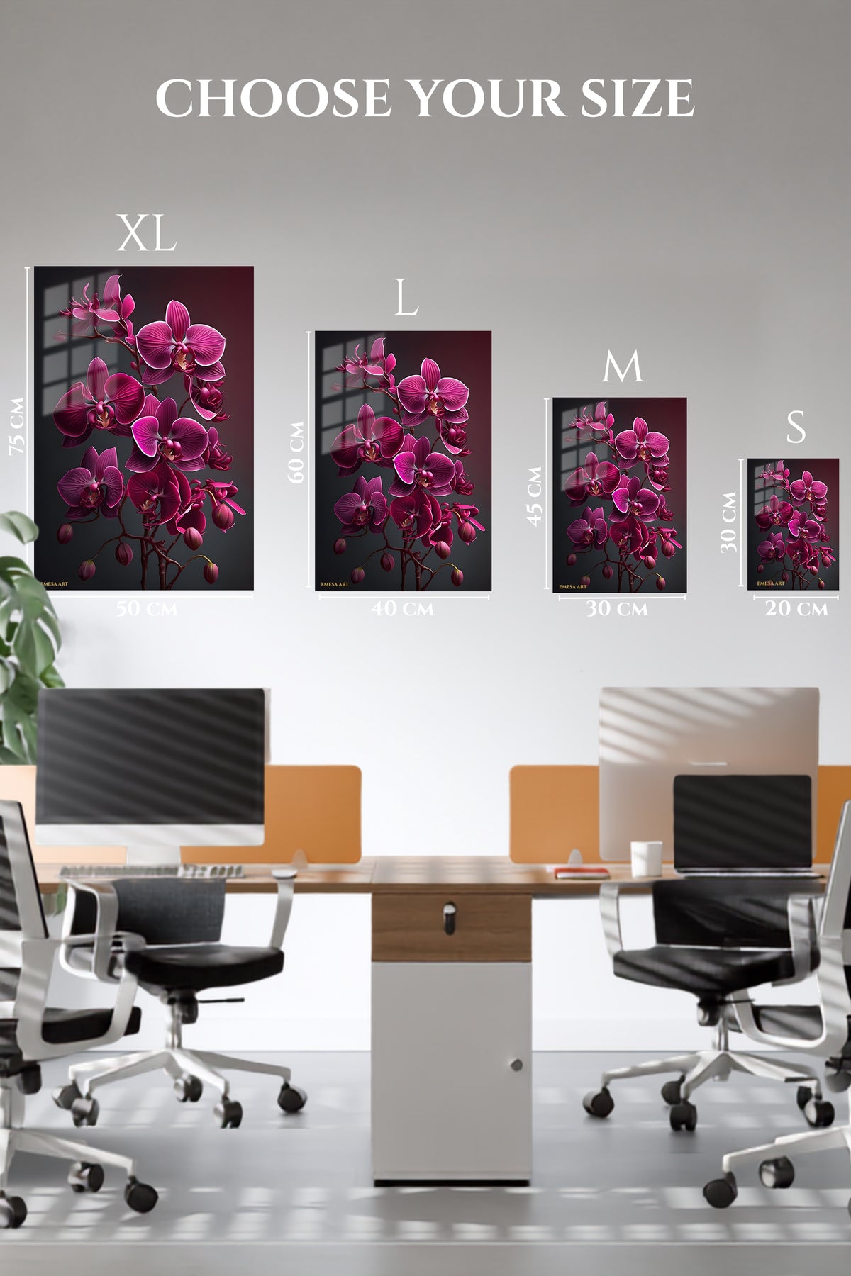 EMESA metal wall art size comparison guide for Velvet Magenta Orchids