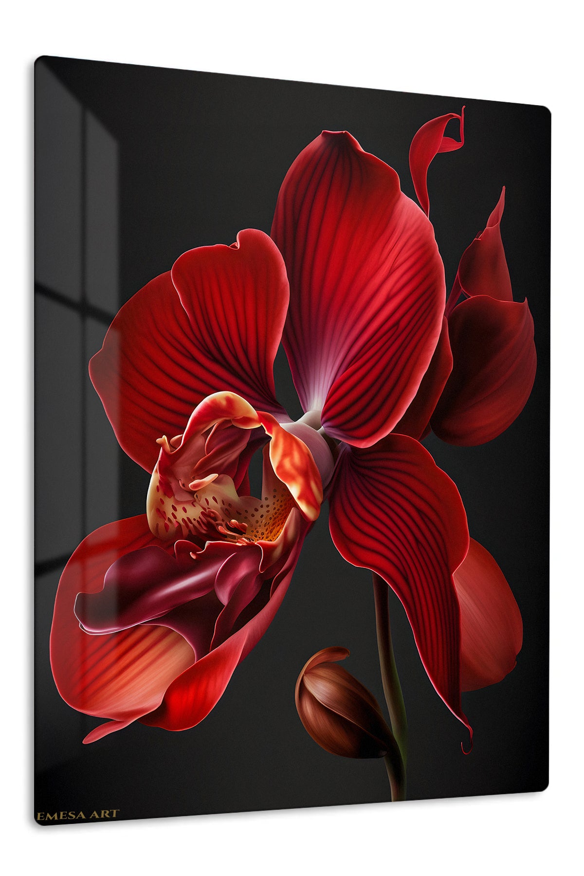 Crimson Orchid Bloom premium metal wall art – front view