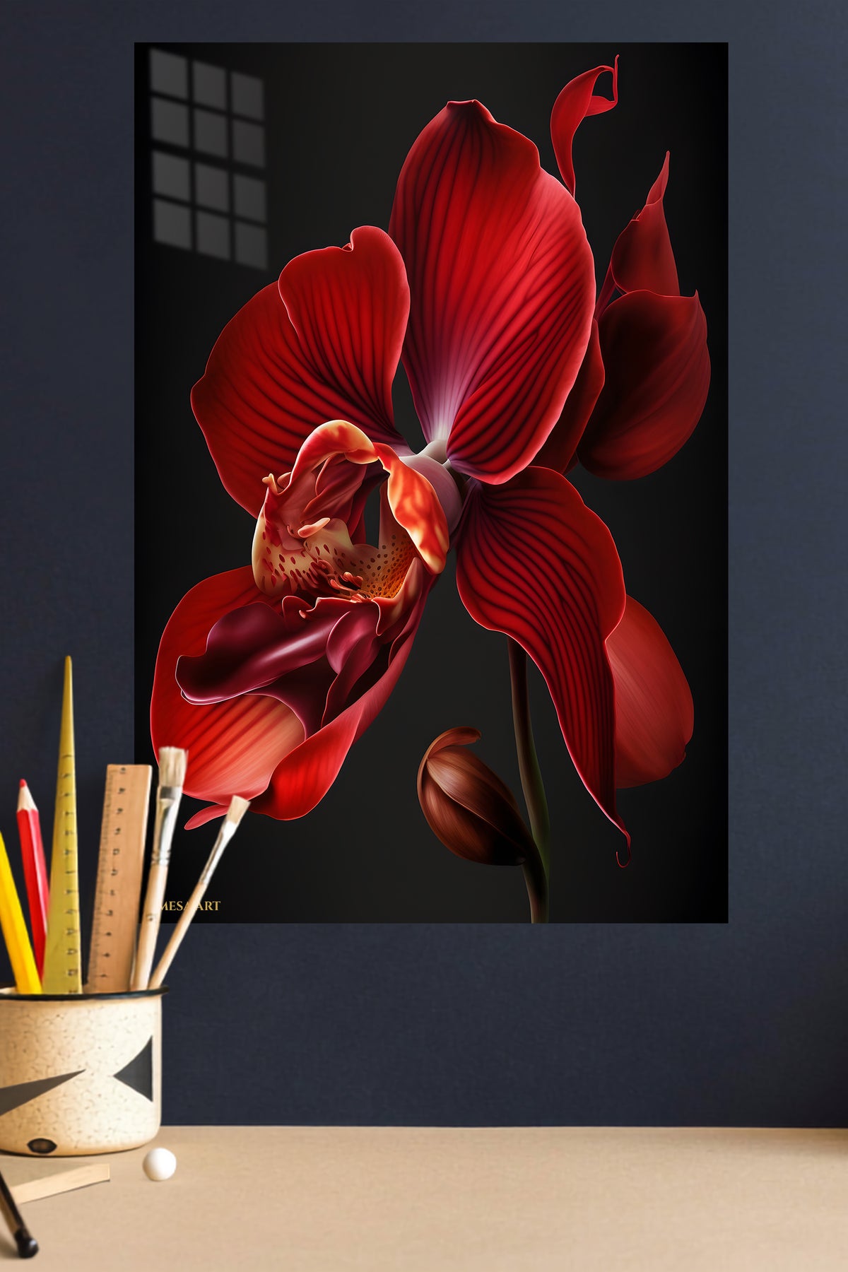 Crimson Orchid Bloom metal wall art displayed in a modern interior
