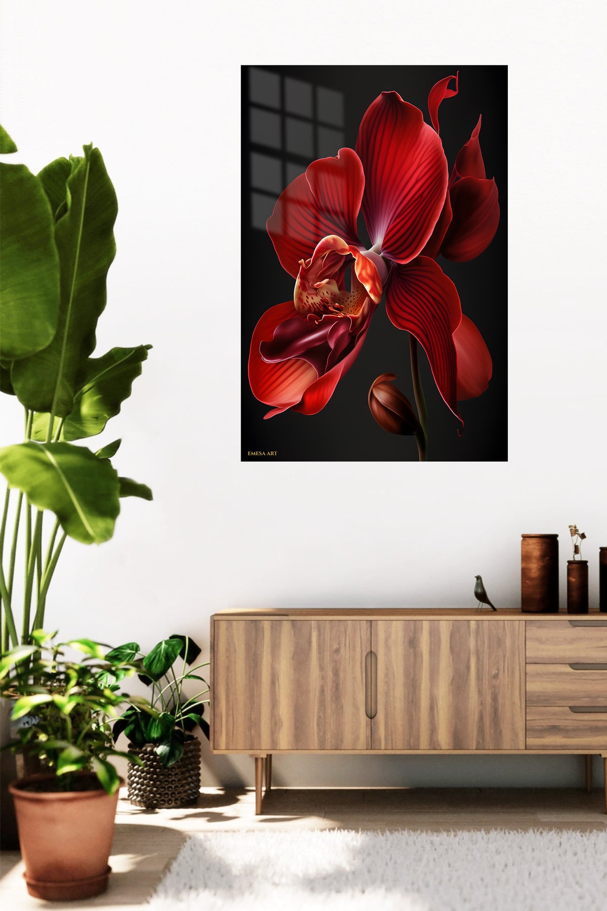 Crimson Orchid Bloom metal wall art displayed in a contemporary living space