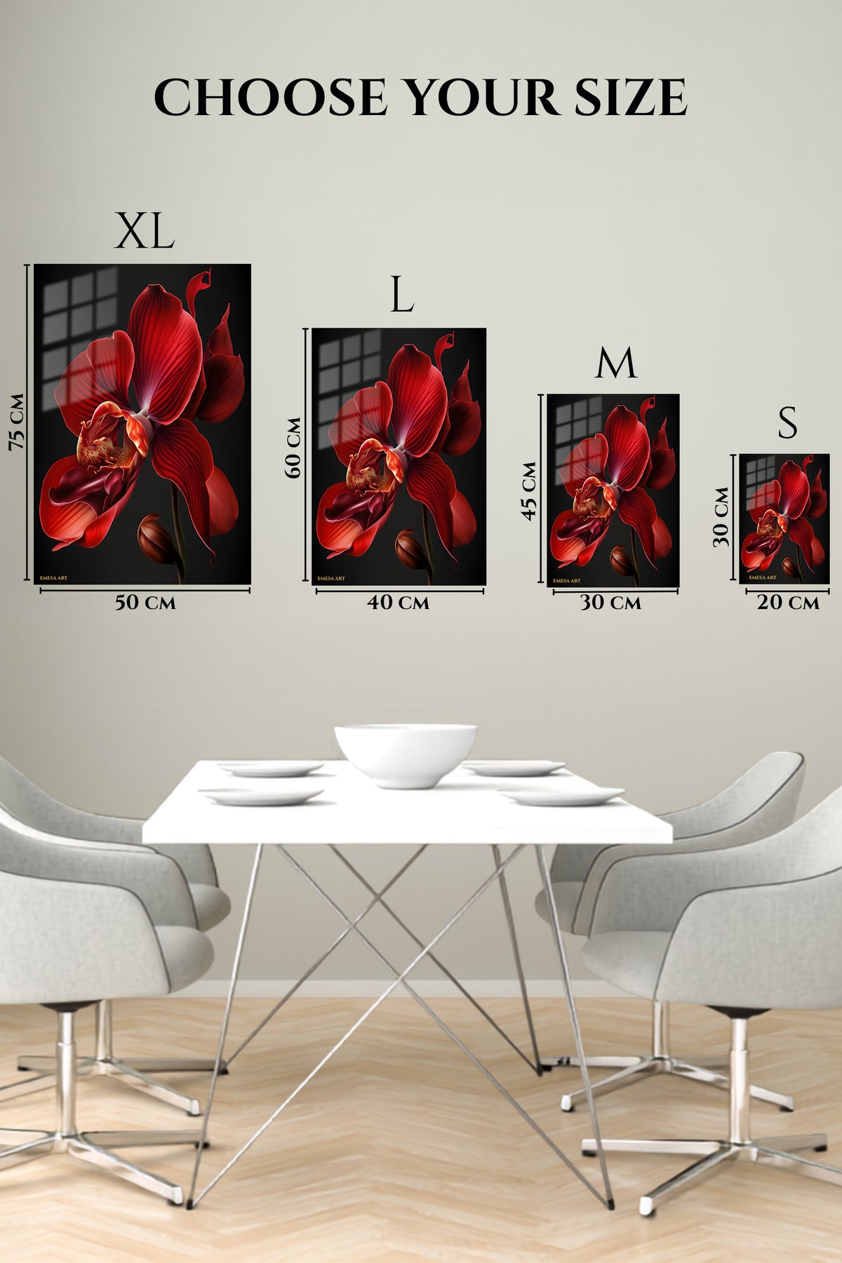 EMESA metal wall art size comparison guide for Crimson Orchid Bloom