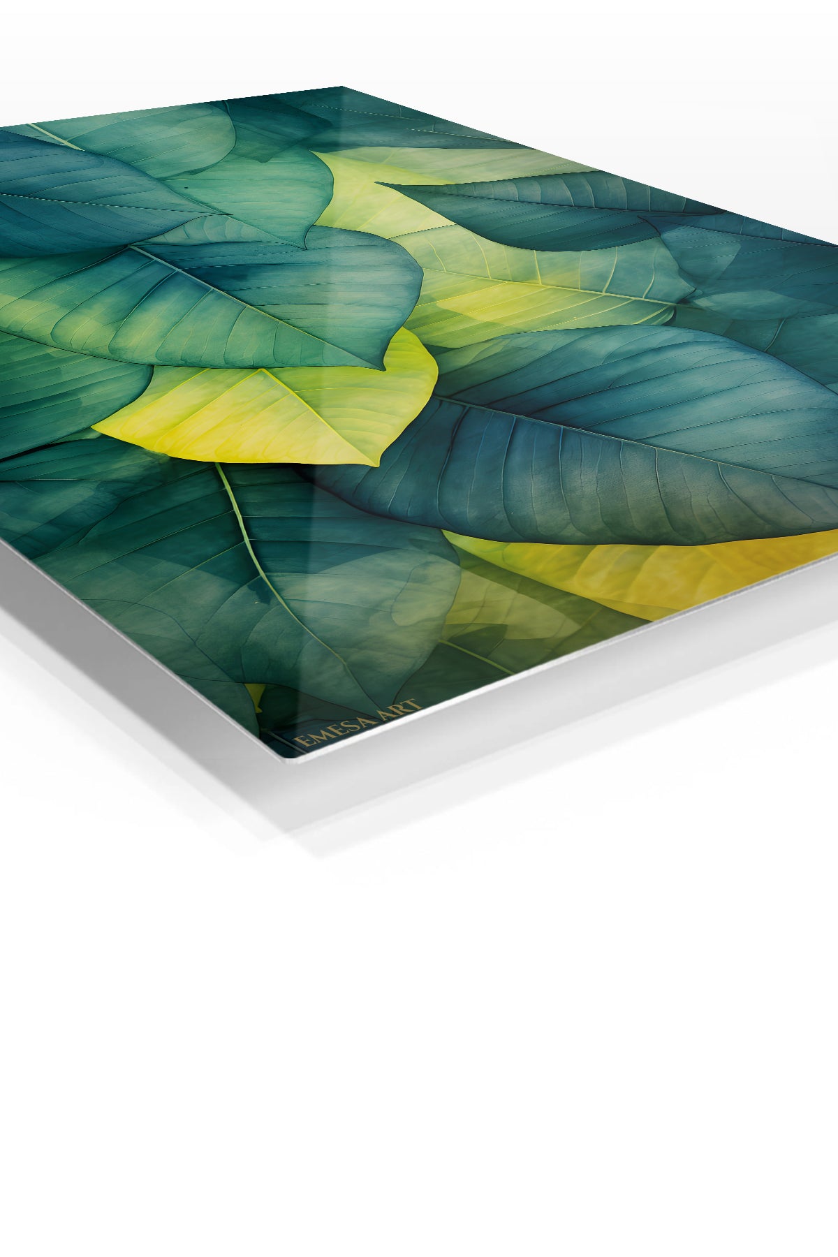 Emerald Canopy Leaves premium metal wall art – angled view