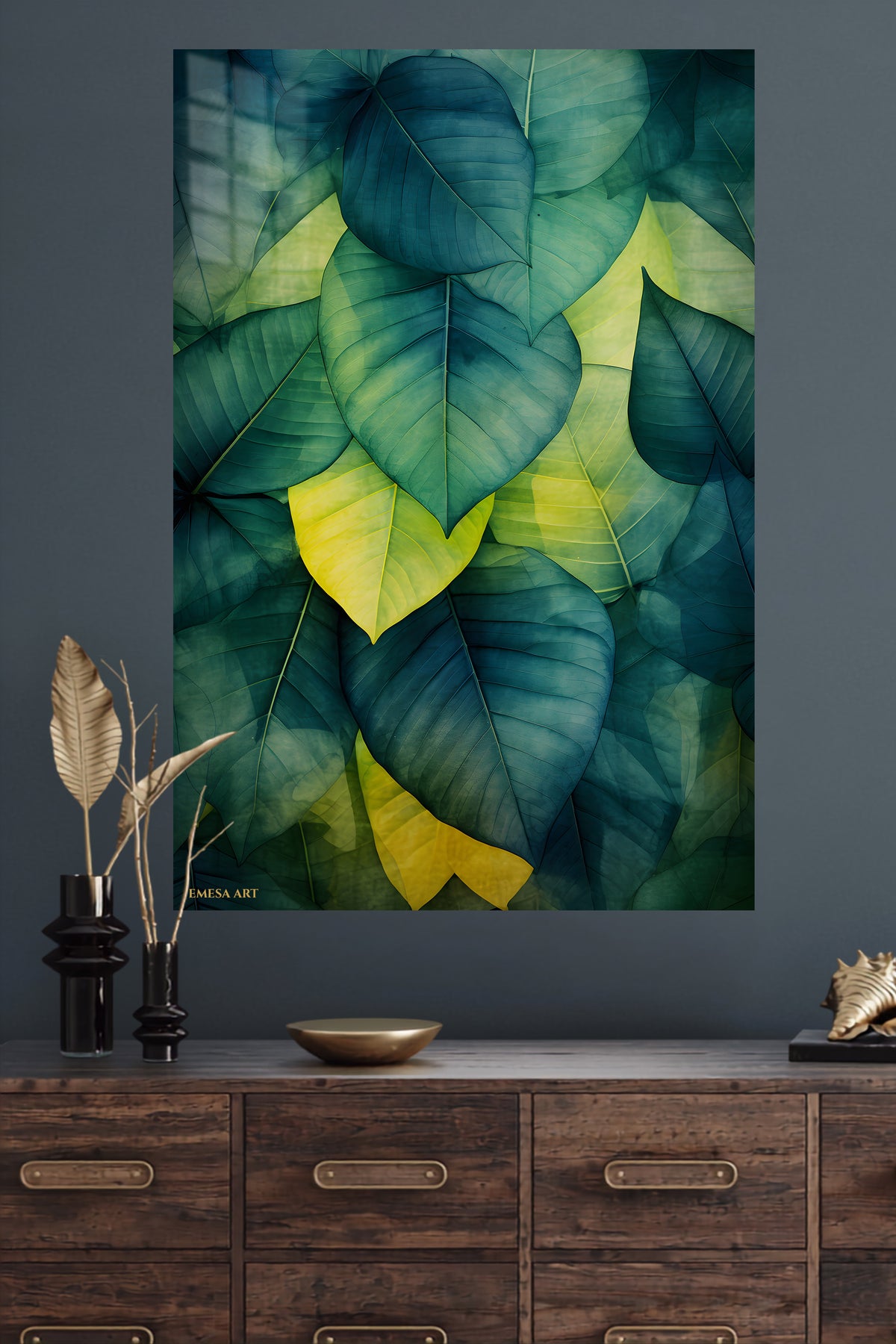 Emerald Canopy Leaves metal wall art displayed in a modern interior