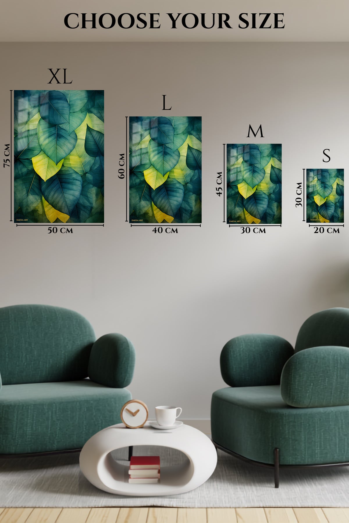 EMESA metal wall art size comparison guide for Emerald Canopy Leaves