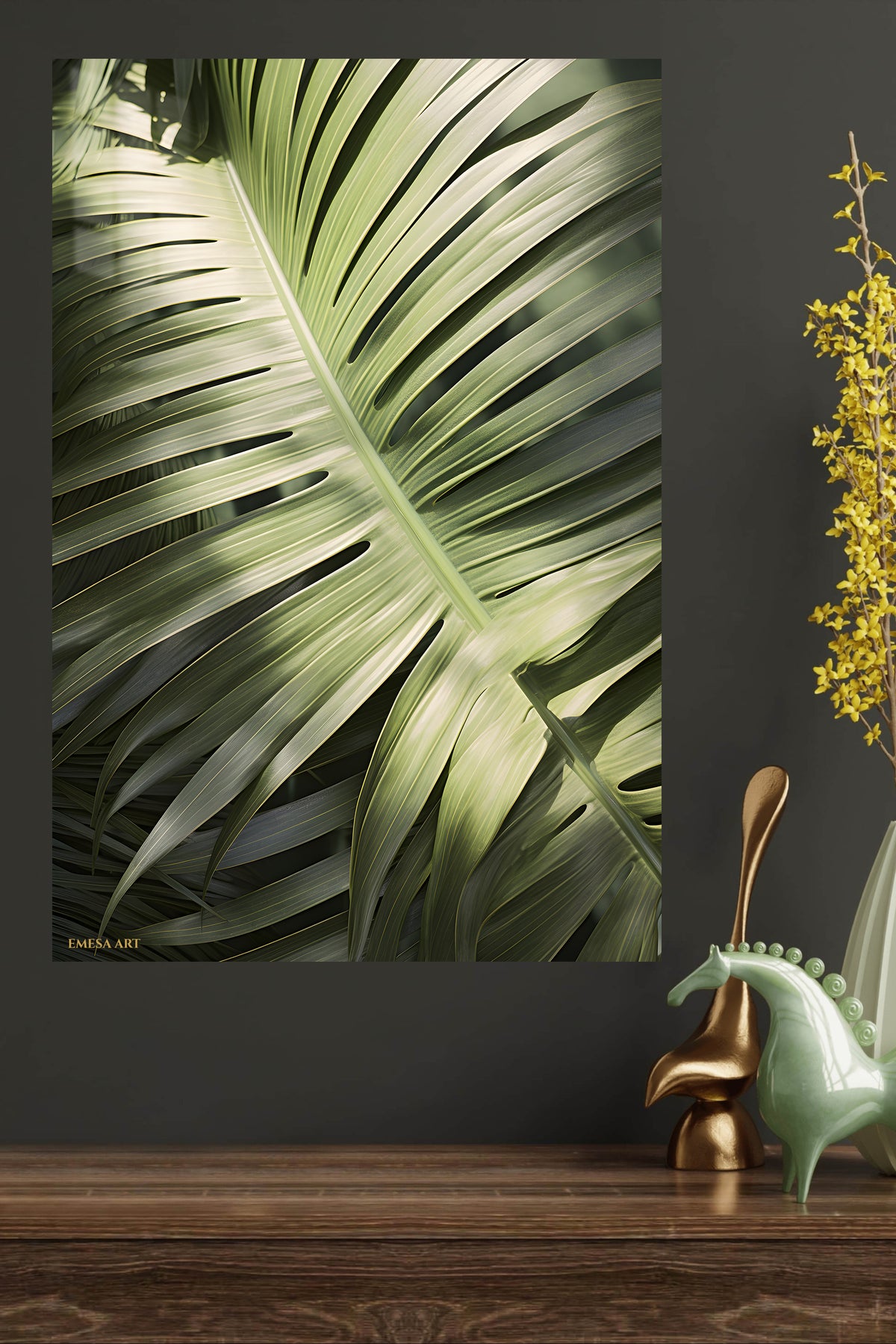 Luminous Tropical Leaf Canopy metal wall art displayed in a modern interior
