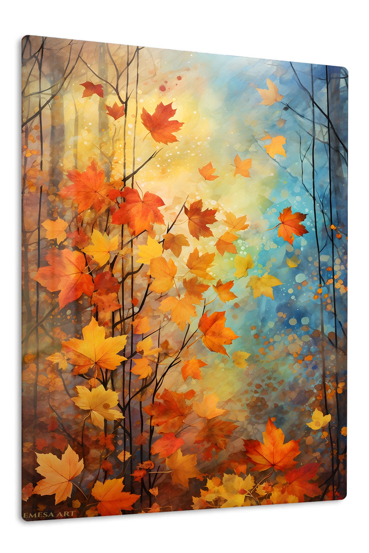 Autumn Leaves in Blue Forest Light premium metal wall art – front view