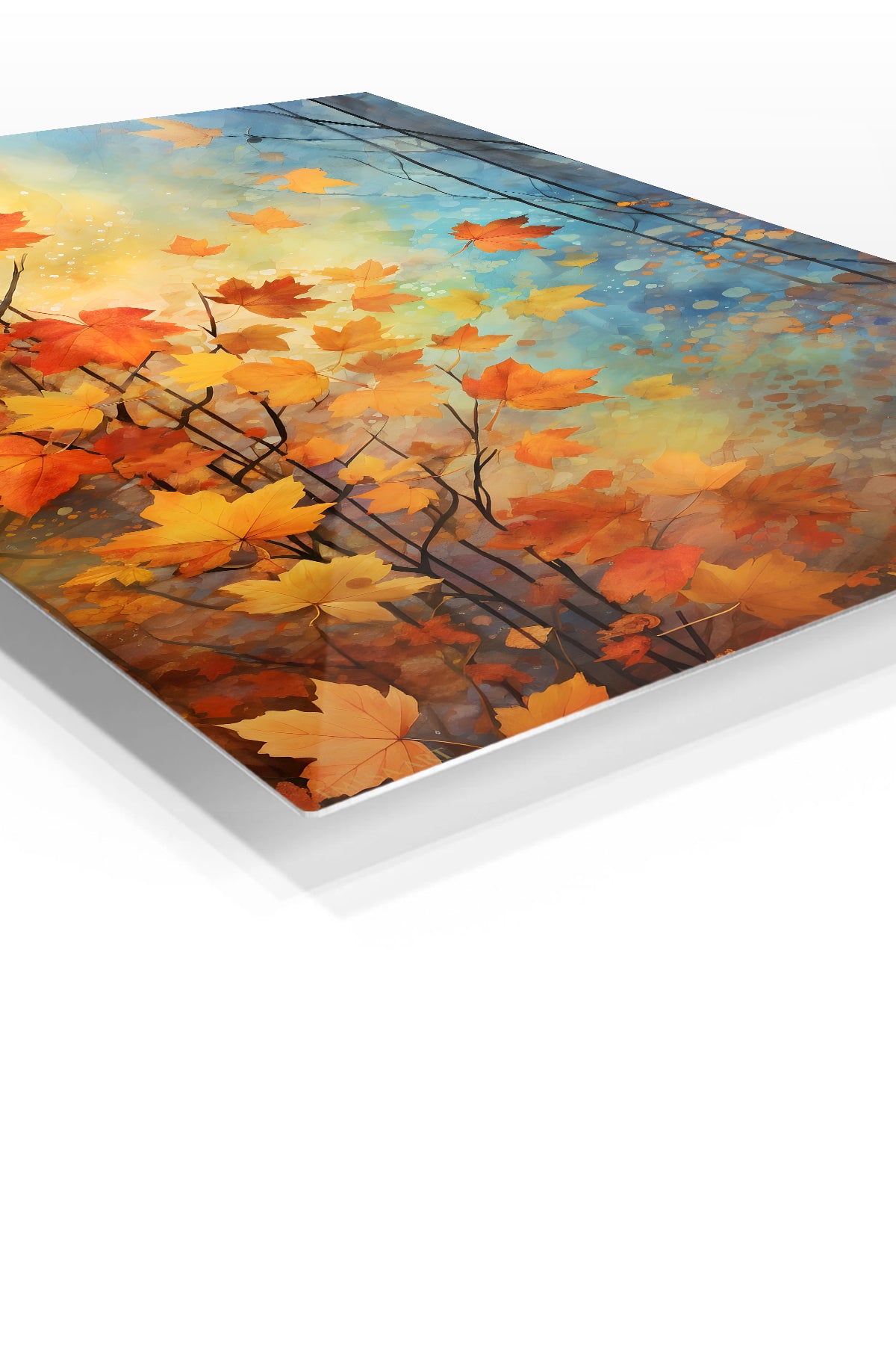 Autumn Leaves in Blue Forest Light premium metal wall art – angled view