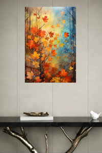 Autumn Leaves in Blue Forest Light metal wall art displayed in a modern interior