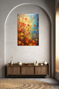 Autumn Leaves in Blue Forest Light metal wall art displayed in a contemporary living space