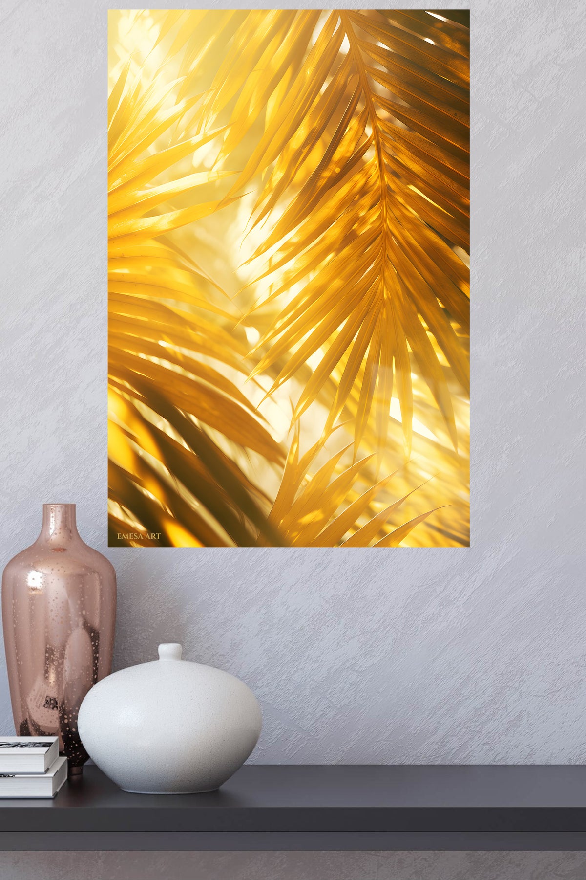 Golden Palm Light metal wall art displayed in a modern interior