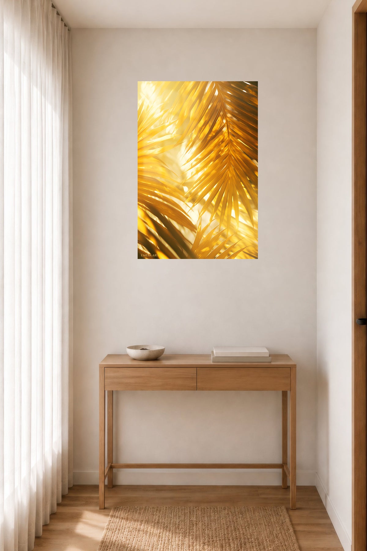 Golden Palm Light metal wall art displayed in a contemporary living space