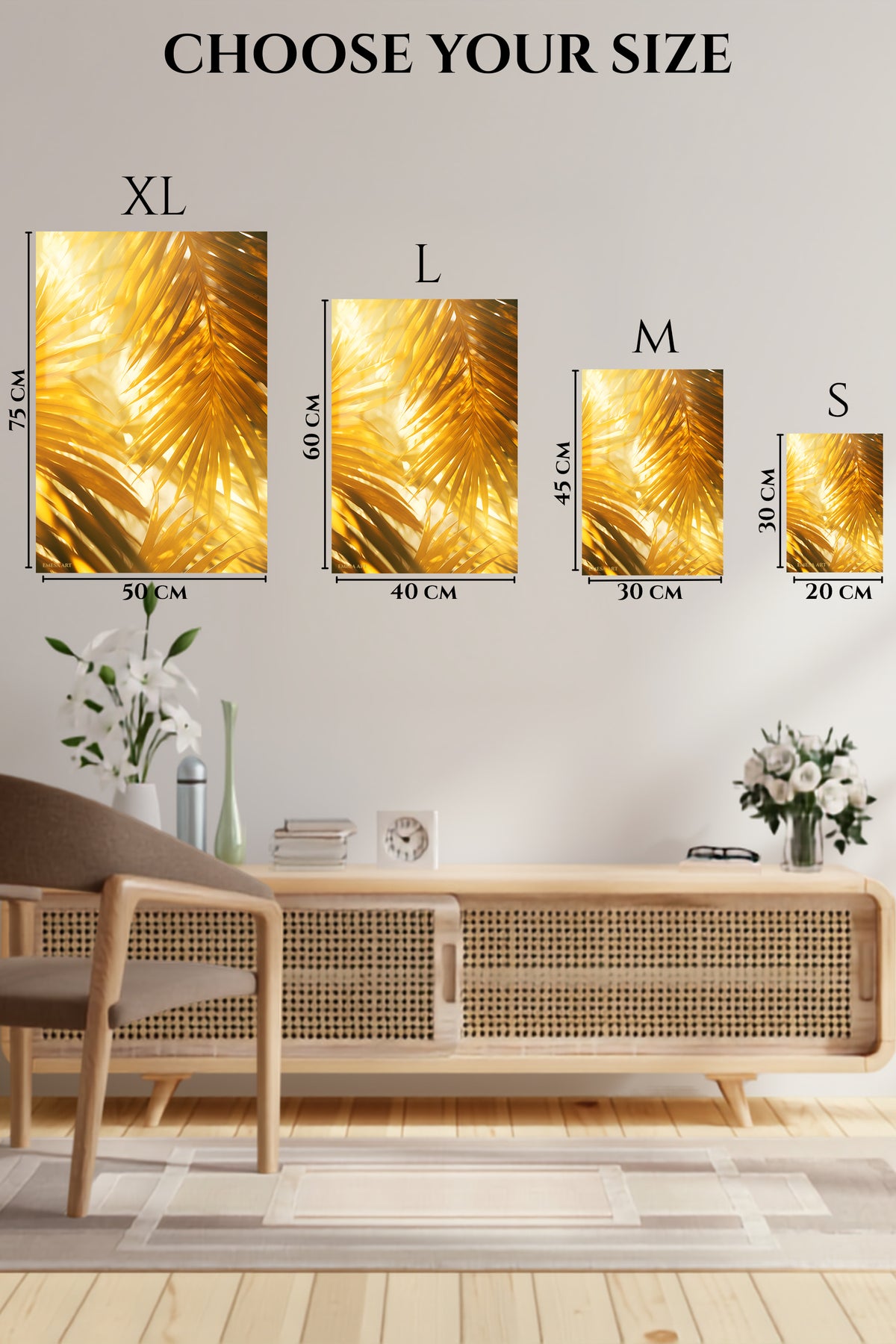 EMESA metal wall art size comparison guide for Golden Palm Light