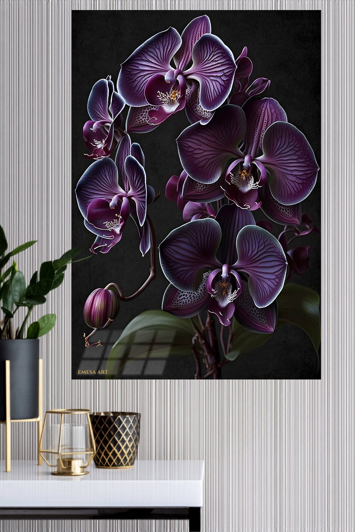 Velvet Purple Orchid Cascade metal wall art displayed in a modern interior