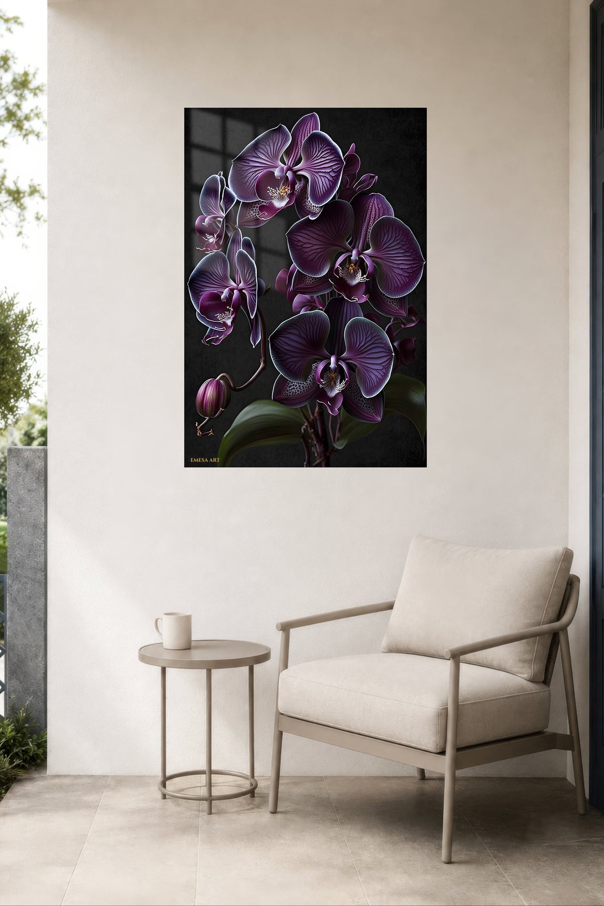 Velvet Purple Orchid Cascade metal wall art displayed in a contemporary living space