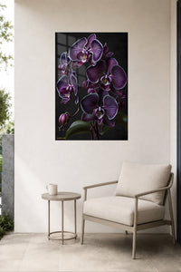 Velvet Purple Orchid Cascade metal wall art displayed in a contemporary living space