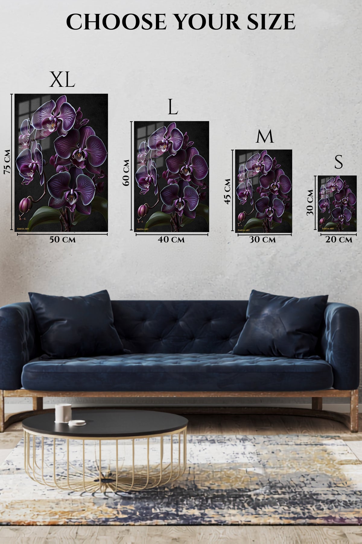 EMESA metal wall art size comparison guide for Velvet Purple Orchid Cascade