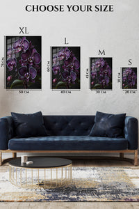 EMESA metal wall art size comparison guide for Velvet Purple Orchid Cascade