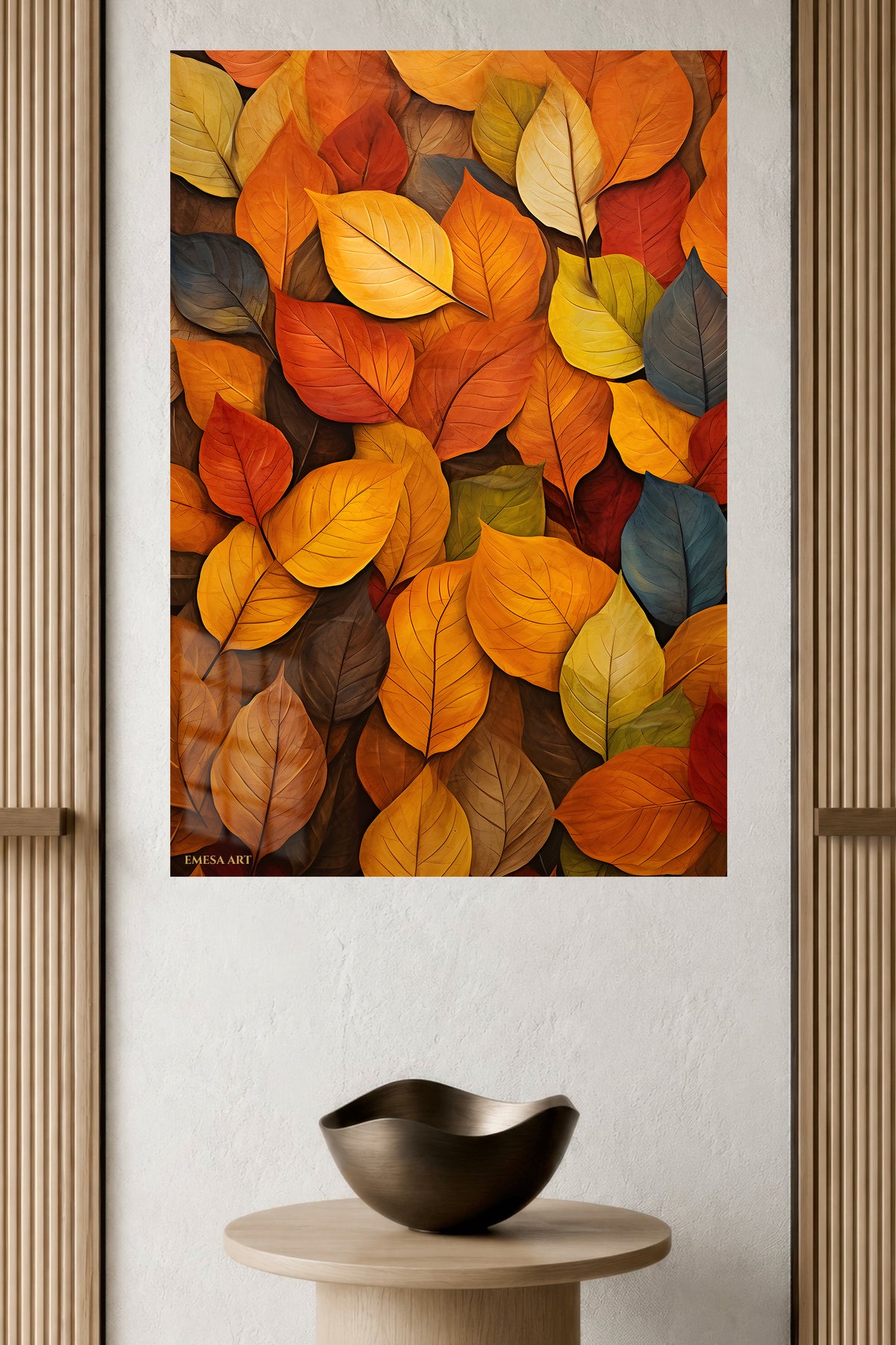 Autumn Leaf Tapestry metal wall art displayed in a modern interior