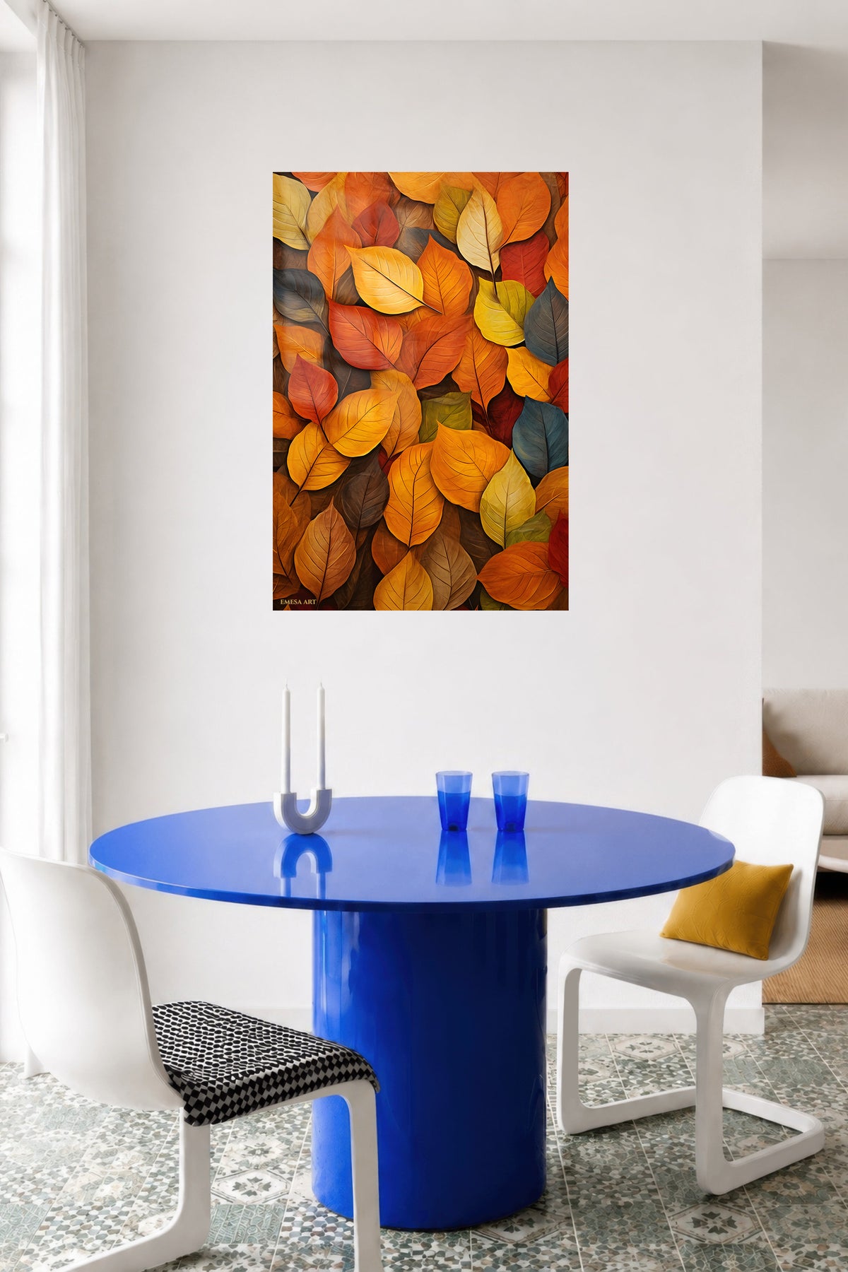 Autumn Leaf Tapestry metal wall art displayed in a contemporary living space